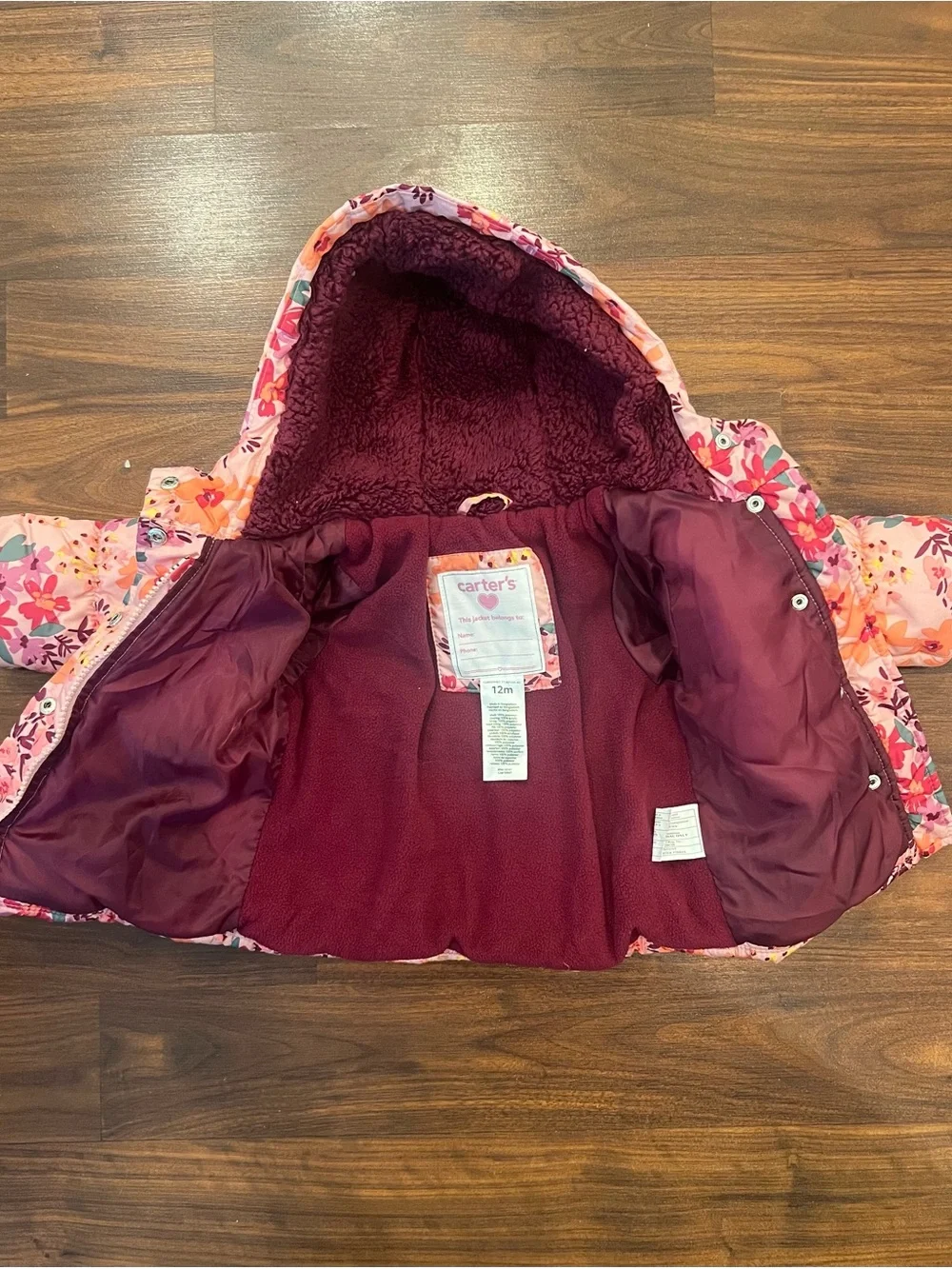 Carter’s 12M Girls Floral Puffer Coat Sherpa Hood